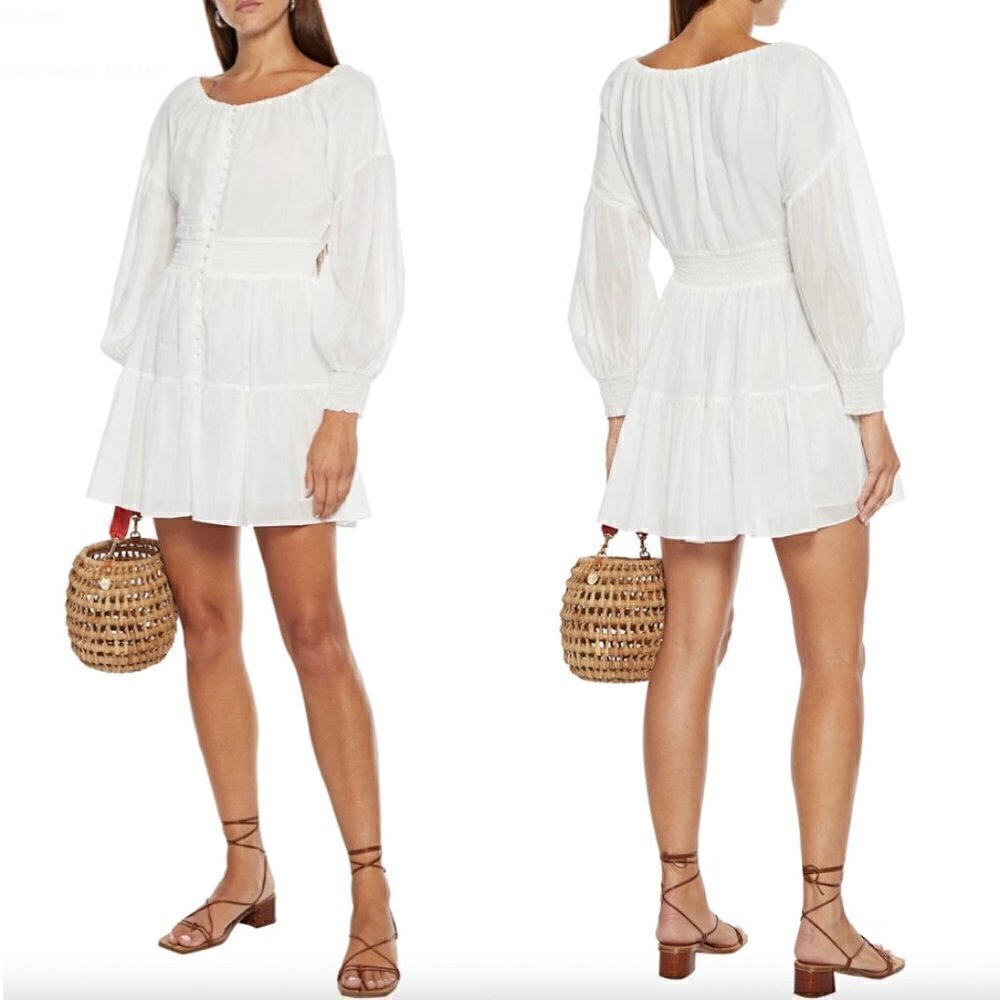 ALICE + OLIVIA Kiara Smocked Long Sleeve Button Front Dress in Off-white US 2
